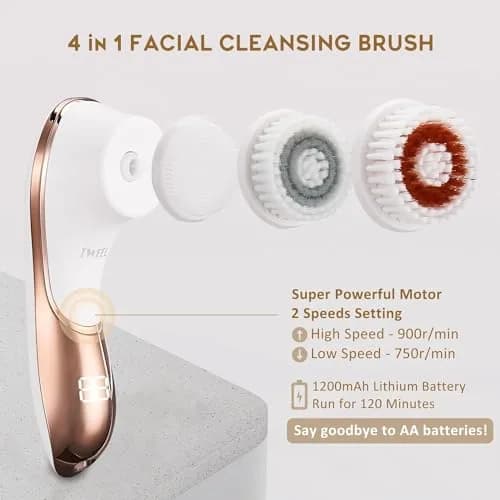 IWEEL Electric Facial Cleansing Brush with 4 Brush Heads - White & Rose Gold | Deep Pore Cleansing & Exfoliation System thumbnail 2