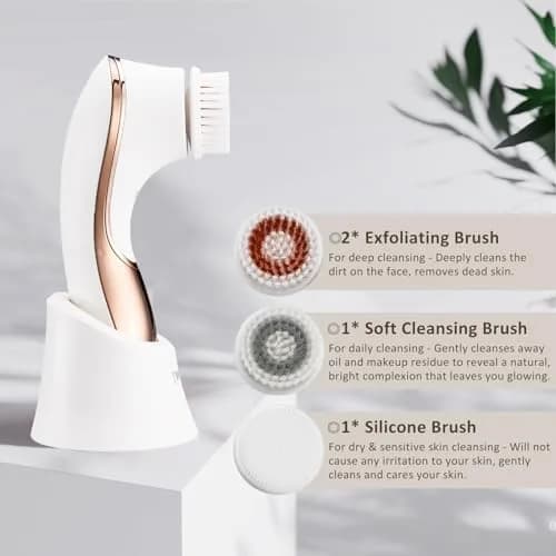 IWEEL Electric Facial Cleansing Brush with 4 Brush Heads - White & Rose Gold | Deep Pore Cleansing & Exfoliation System thumbnail 3