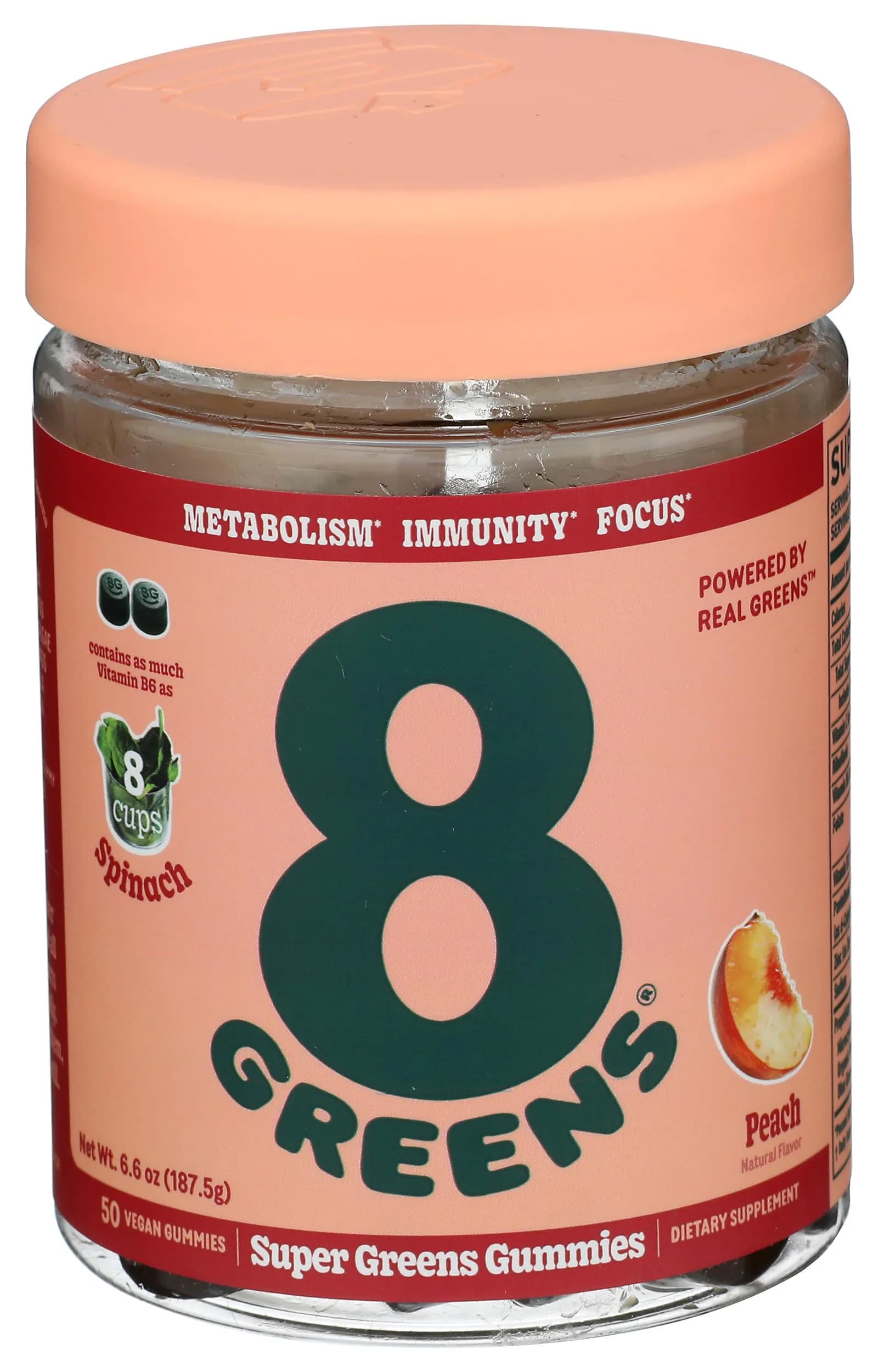 8G Daily Greens Gummies Peach 50 Count | Supports Metabolism, Immunity & Focus