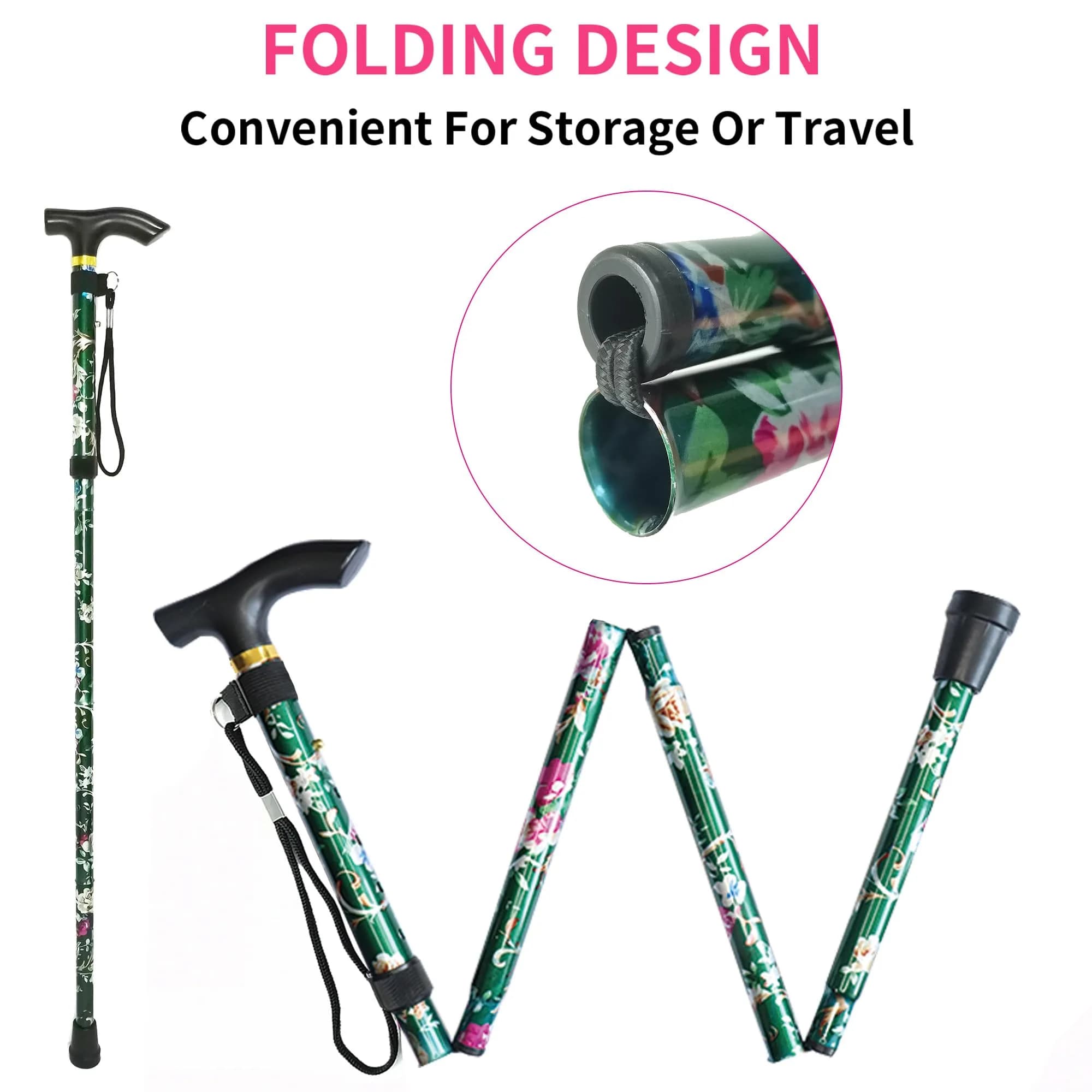 CLOKTA Folding Cane with Wrist Strap & T Handle, 33-37 inch Adjustable Height Lightweight Portable Walking Cane for Men Women Seniors (Floral Green) - view 4