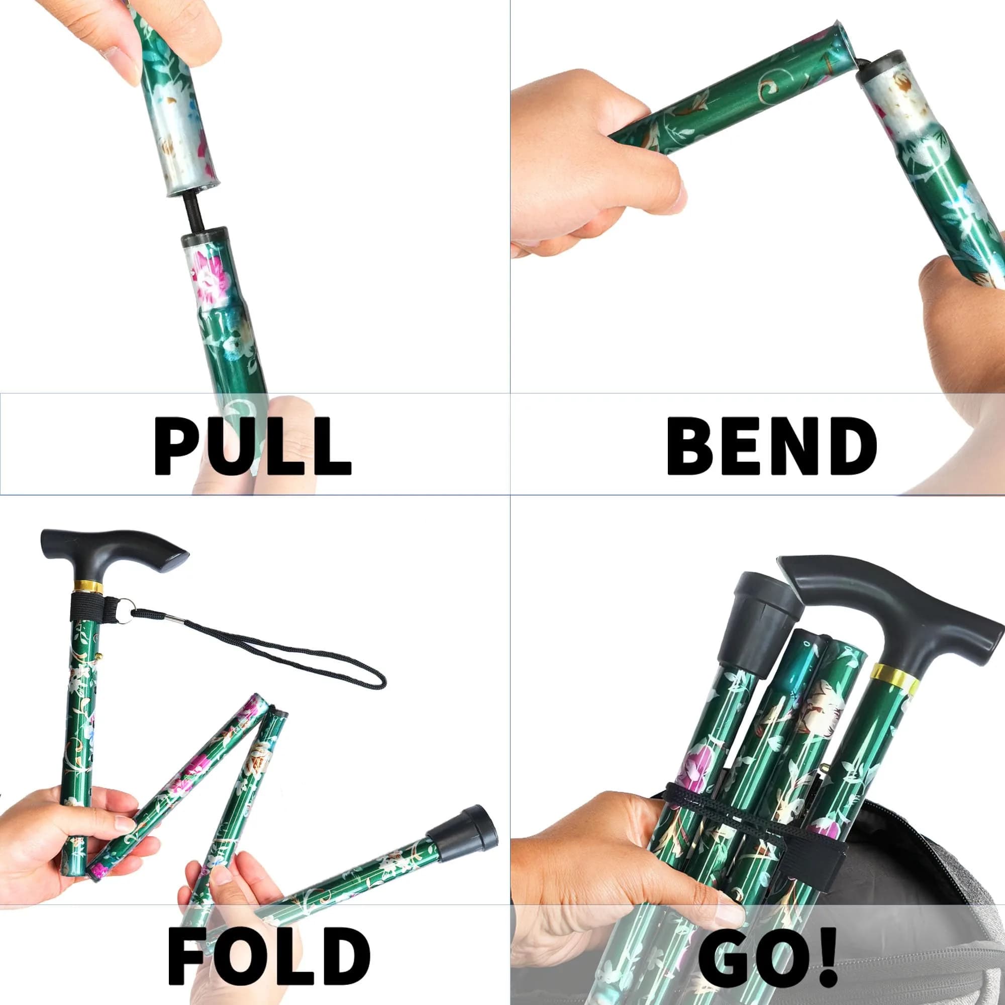 CLOKTA Folding Cane with Wrist Strap & T Handle, 33-37 inch Adjustable Height Lightweight Portable Walking Cane for Men Women Seniors (Floral Green) - view 6