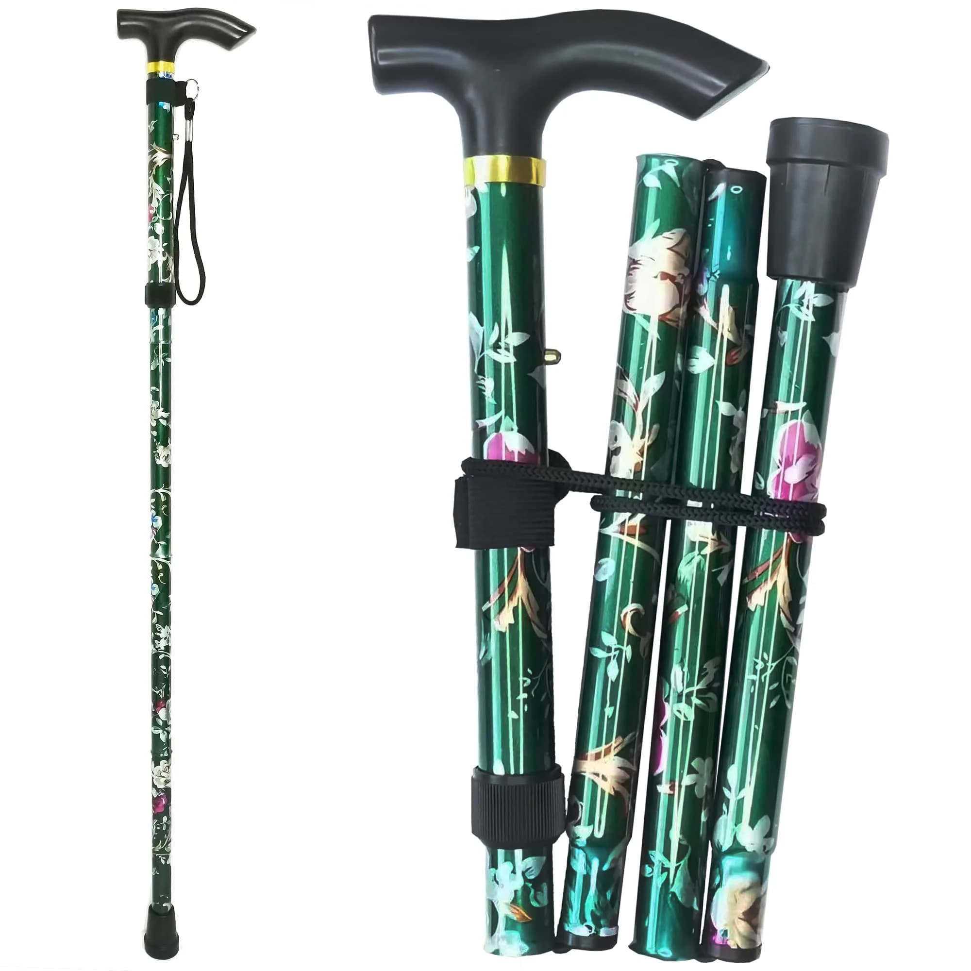 CLOKTA Folding Cane with Wrist Strap & T Handle, 33-37 inch Adjustable Height Lightweight Portable Walking Cane for Men Women Seniors (Floral Green) - main product image