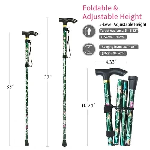 CLOKTA Folding Cane with Wrist Strap & T Handle, 33-37 inch Adjustable Height Lightweight Portable Walking Cane for Men Women Seniors (Floral Green) thumbnail 2