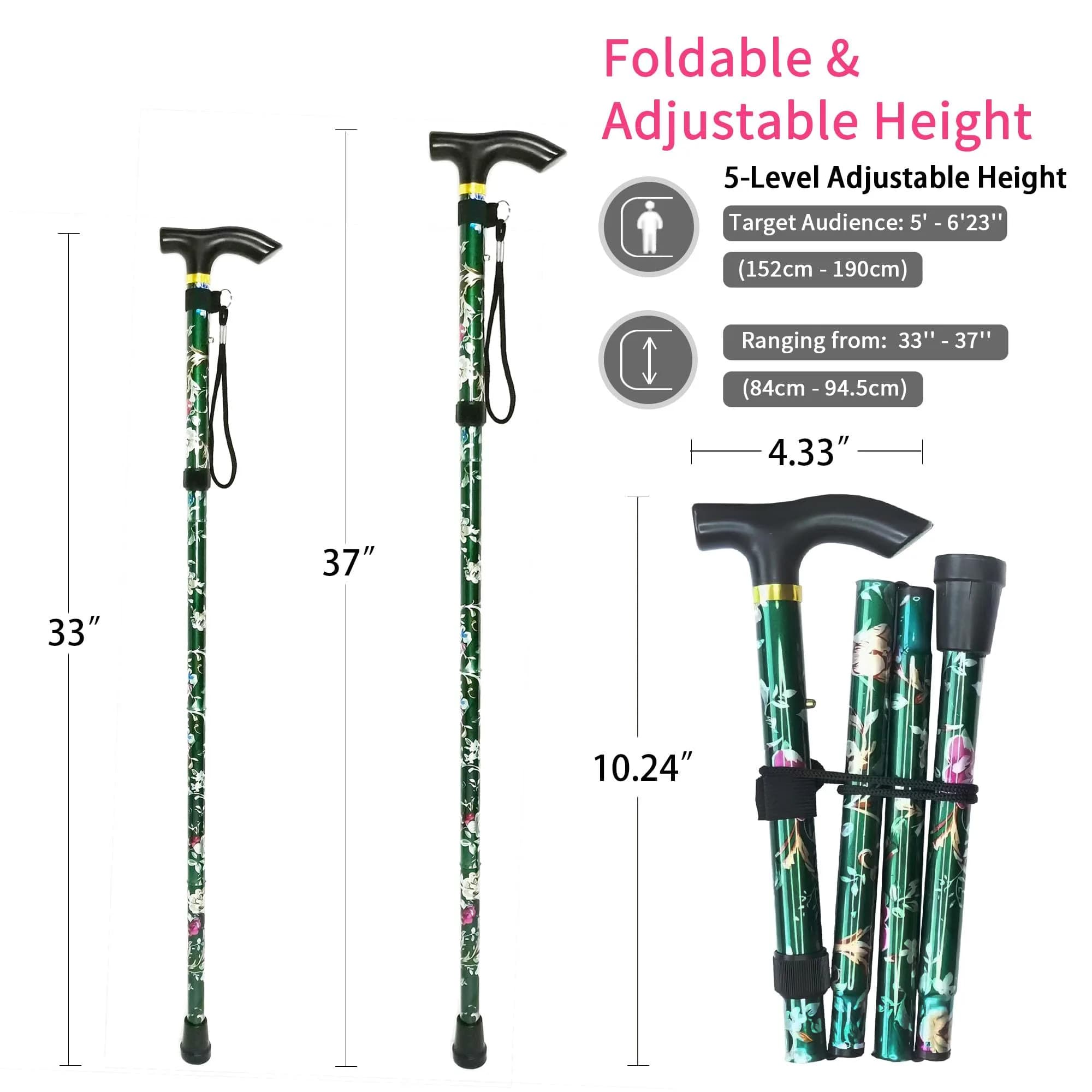 CLOKTA Folding Cane with Wrist Strap & T Handle, 33-37 inch Adjustable Height Lightweight Portable Walking Cane for Men Women Seniors (Floral Green) - view 2