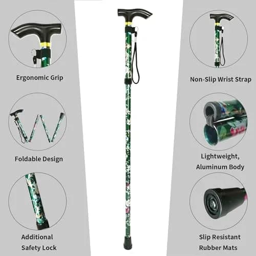 CLOKTA Folding Cane with Wrist Strap & T Handle, 33-37 inch Adjustable Height Lightweight Portable Walking Cane for Men Women Seniors (Floral Green) thumbnail 3
