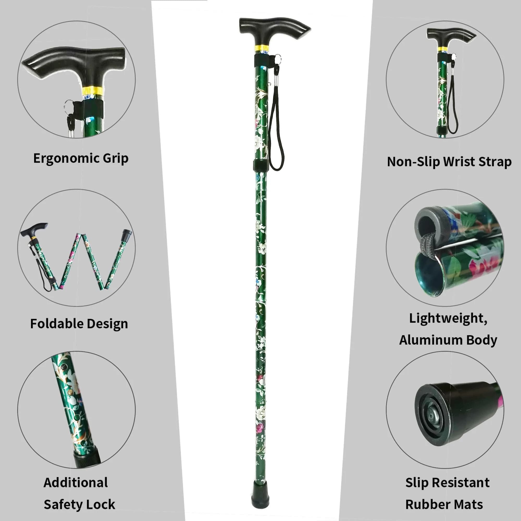 CLOKTA Folding Cane with Wrist Strap & T Handle, 33-37 inch Adjustable Height Lightweight Portable Walking Cane for Men Women Seniors (Floral Green) - view 3
