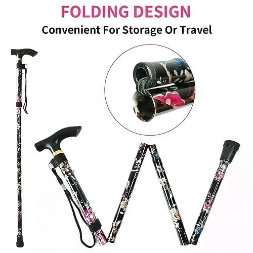 CLOKTA Folding Cane 33-37 inch Adjustable Height | Lightweight Portable Walking Stick with T Handle & Wrist Strap (Floral Black) thumbnail 4