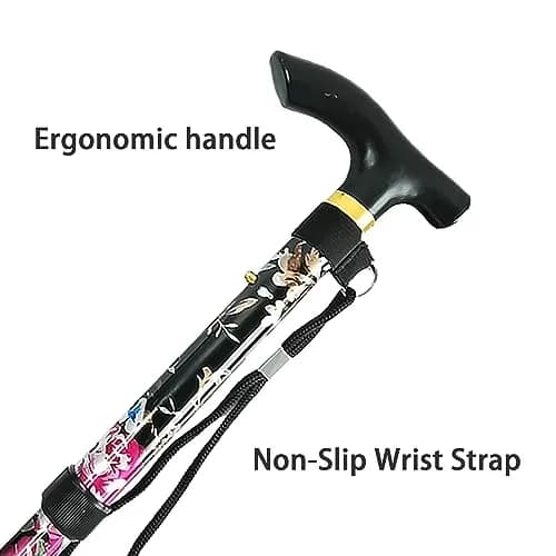 CLOKTA Folding Cane 33-37 inch Adjustable Height | Lightweight Portable Walking Stick with T Handle & Wrist Strap (Floral Black) thumbnail 5