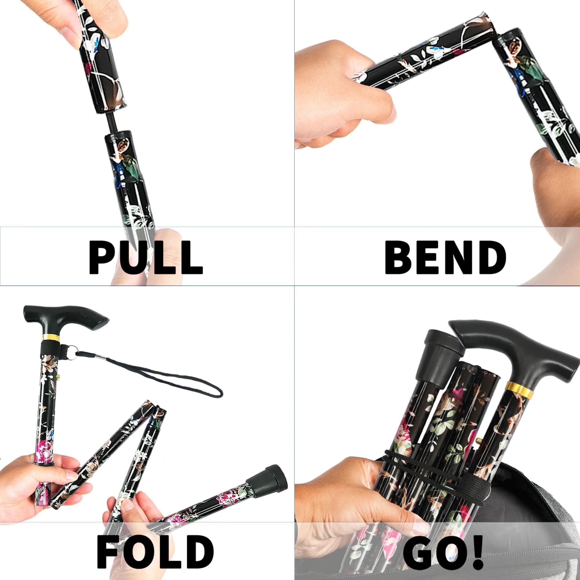 CLOKTA Folding Cane 33-37 inch Adjustable Height | Lightweight Portable Walking Stick with T Handle & Wrist Strap (Floral Black) - view 6