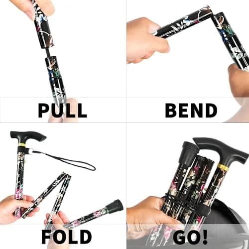 CLOKTA Folding Cane 33-37 inch Adjustable Height | Lightweight Portable Walking Stick with T Handle & Wrist Strap (Floral Black) thumbnail 6