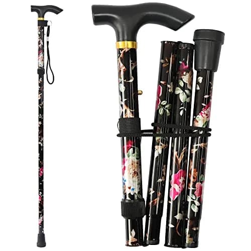 CLOKTA Folding Cane 33-37 inch Adjustable Height | Lightweight Portable Walking Stick with T Handle & Wrist Strap (Floral Black) thumbnail 1