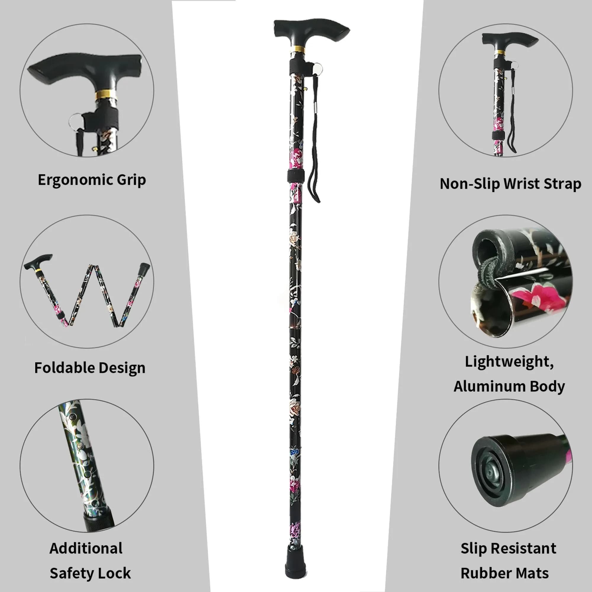 CLOKTA Folding Cane 33-37 inch Adjustable Height | Lightweight Portable Walking Stick with T Handle & Wrist Strap (Floral Black) - view 2