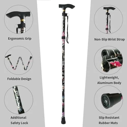 CLOKTA Folding Cane 33-37 inch Adjustable Height | Lightweight Portable Walking Stick with T Handle & Wrist Strap (Floral Black) thumbnail 2