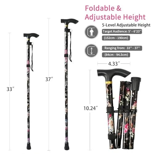 CLOKTA Folding Cane 33-37 inch Adjustable Height | Lightweight Portable Walking Stick with T Handle & Wrist Strap (Floral Black) thumbnail 3