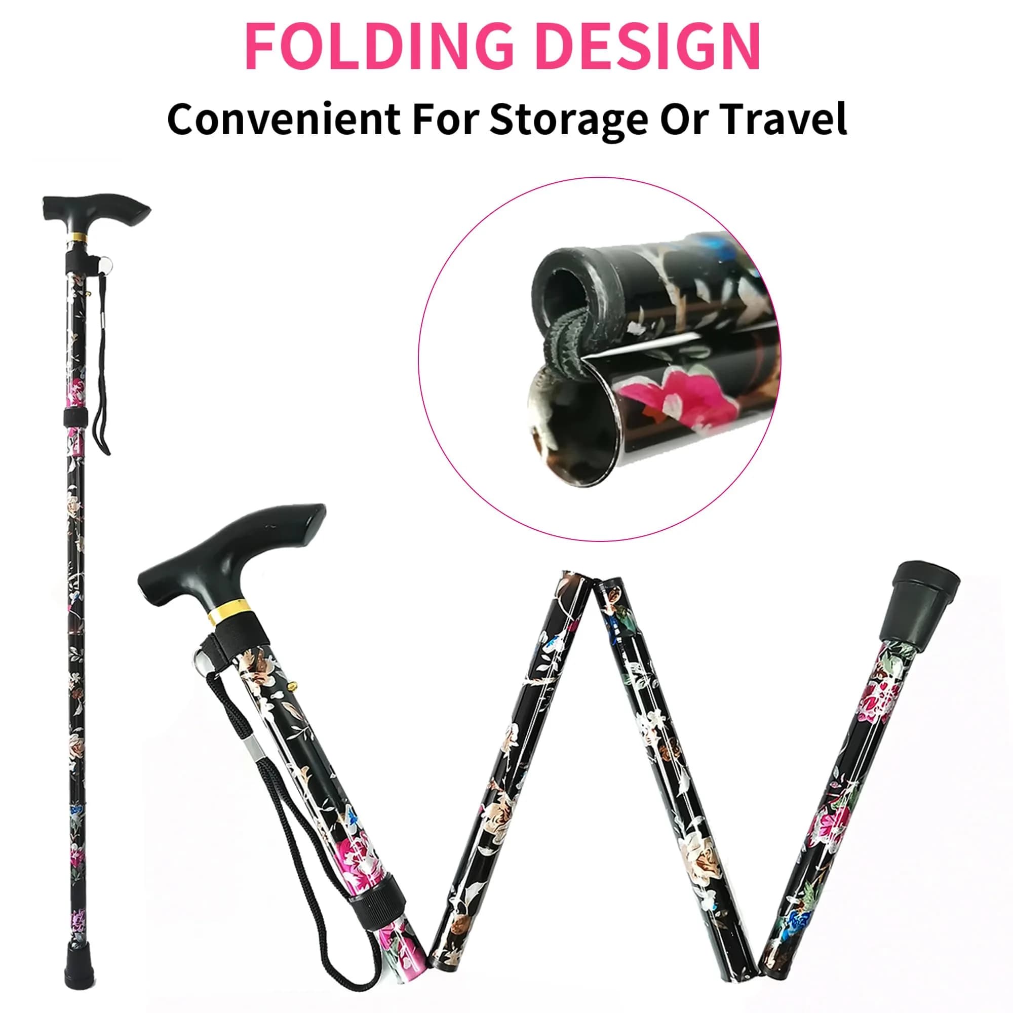 CLOKTA Folding Cane 33-37 inch Adjustable Height | Lightweight Portable Walking Stick with T Handle & Wrist Strap (Floral Black) - view 4
