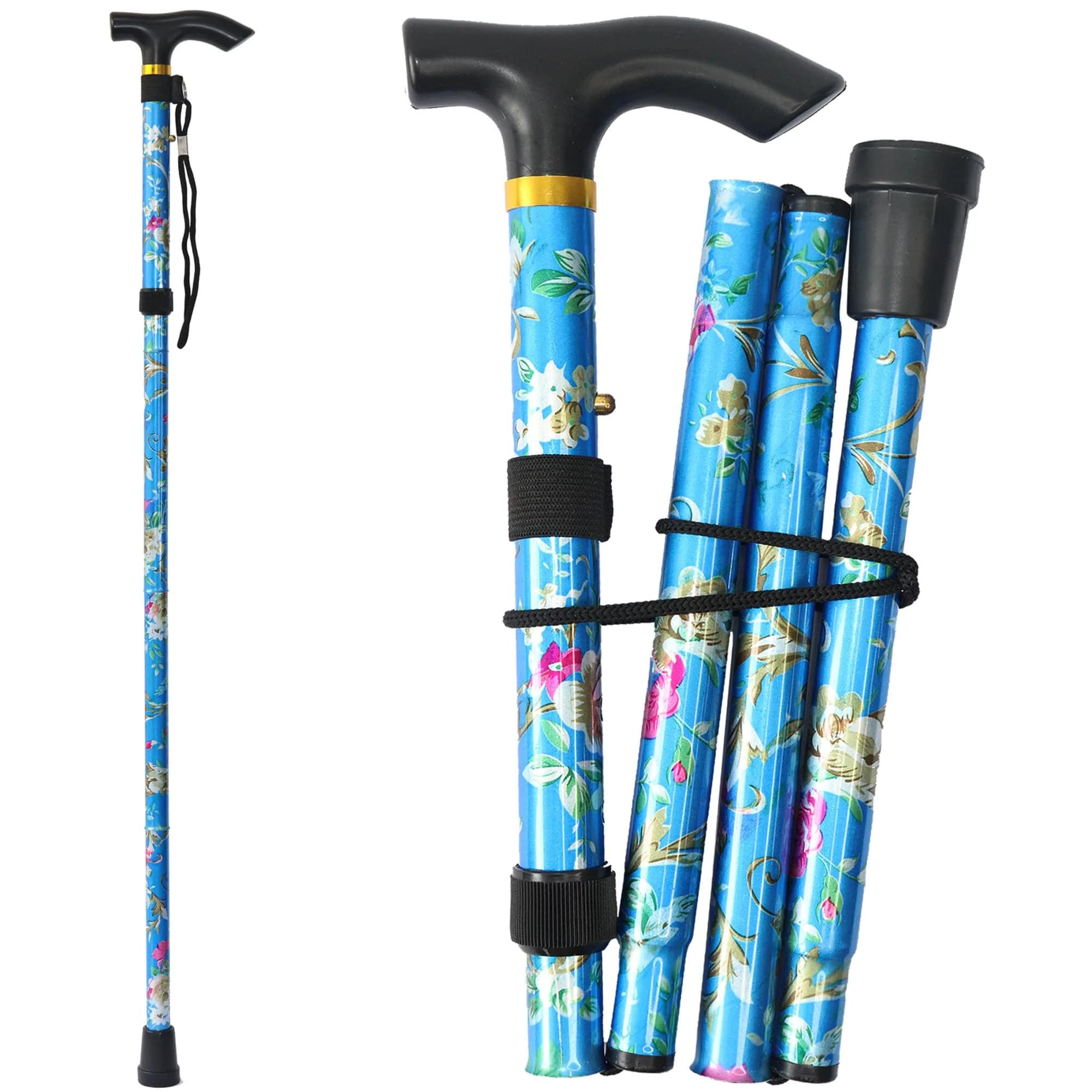 CLOKTA Folding Cane for Men and Women, Floral Blue | Adjustable 33-37 Inch Height, Lightweight Aluminum Walking Stick - main product image
