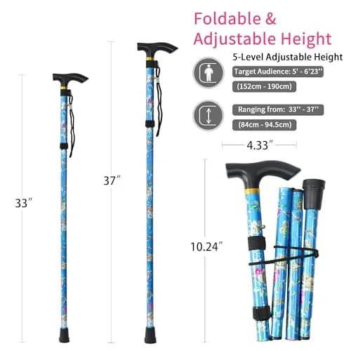 CLOKTA Folding Cane for Men and Women, Floral Blue | Adjustable 33-37 Inch Height, Lightweight Aluminum Walking Stick thumbnail 2