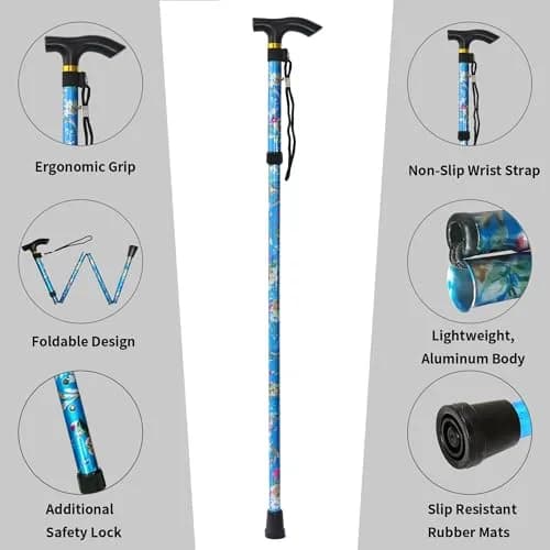 CLOKTA Folding Cane for Men and Women, Floral Blue | Adjustable 33-37 Inch Height, Lightweight Aluminum Walking Stick thumbnail 3