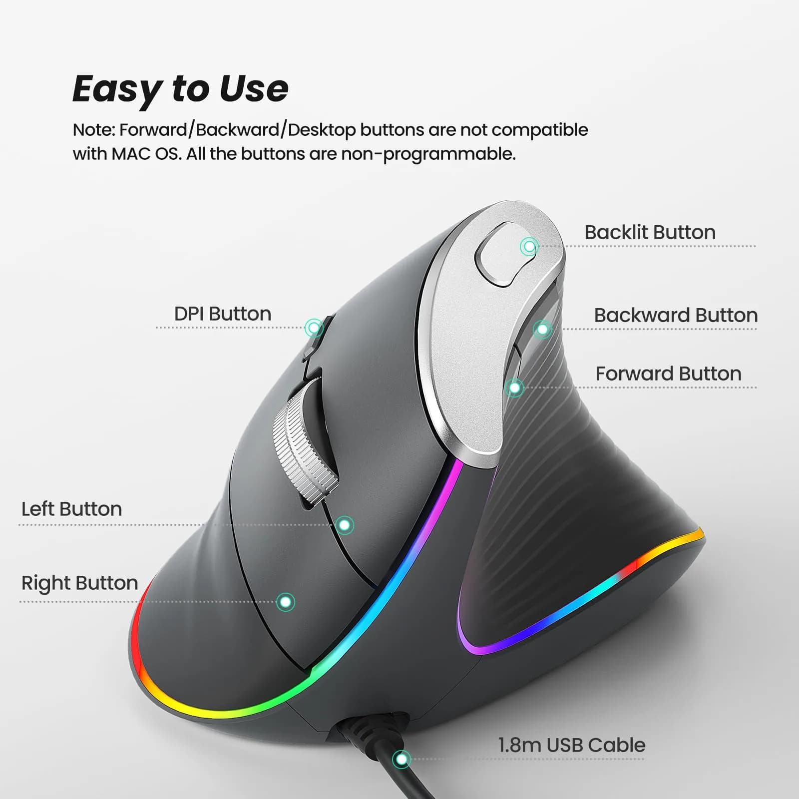 Nulea M504 Wired Vertical Mouse with RGB Lighting | 3200 DPI Optical Sensor - view 4