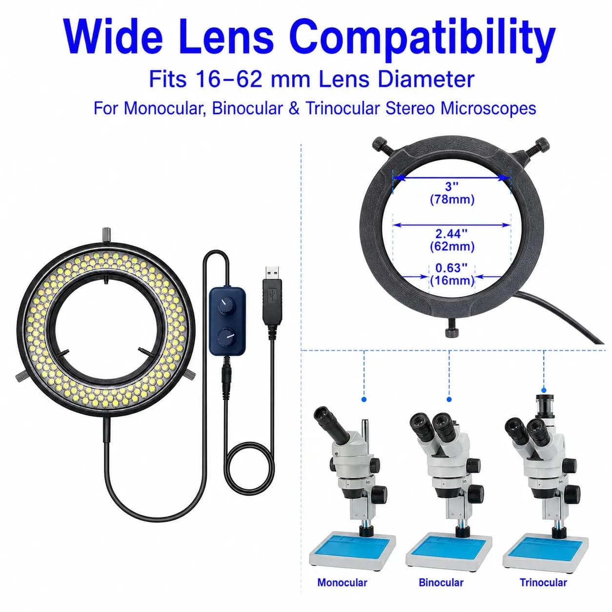 Gringoo Microscope LED Ring Light Illuminator USB 5V 144 LED 62mm (2.44") | Adjustable Color Temperature & 4-Zone Lighting - view 5