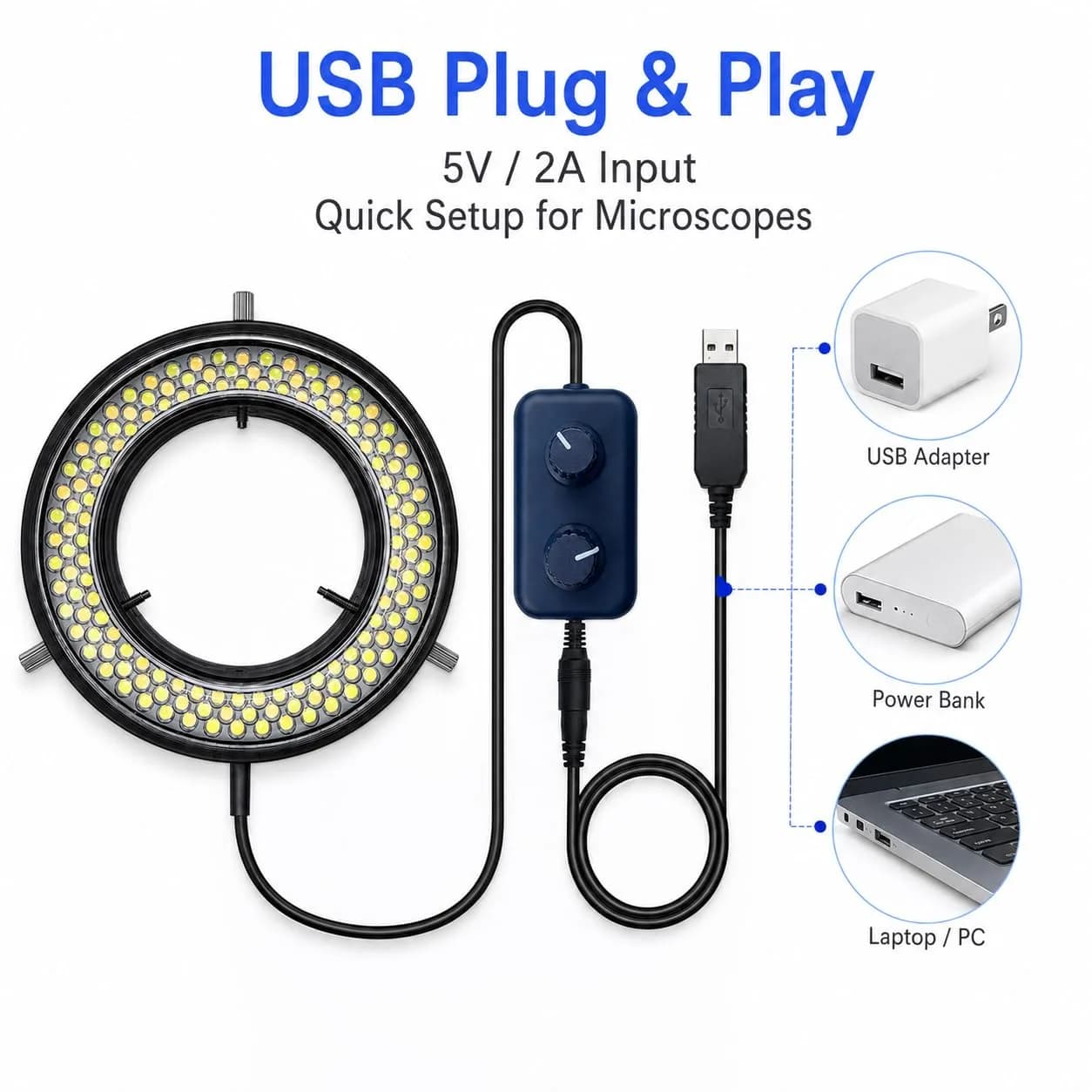 Gringoo Microscope LED Ring Light Illuminator USB 5V 144 LED 62mm (2.44") | Adjustable Color Temperature & 4-Zone Lighting - view 7