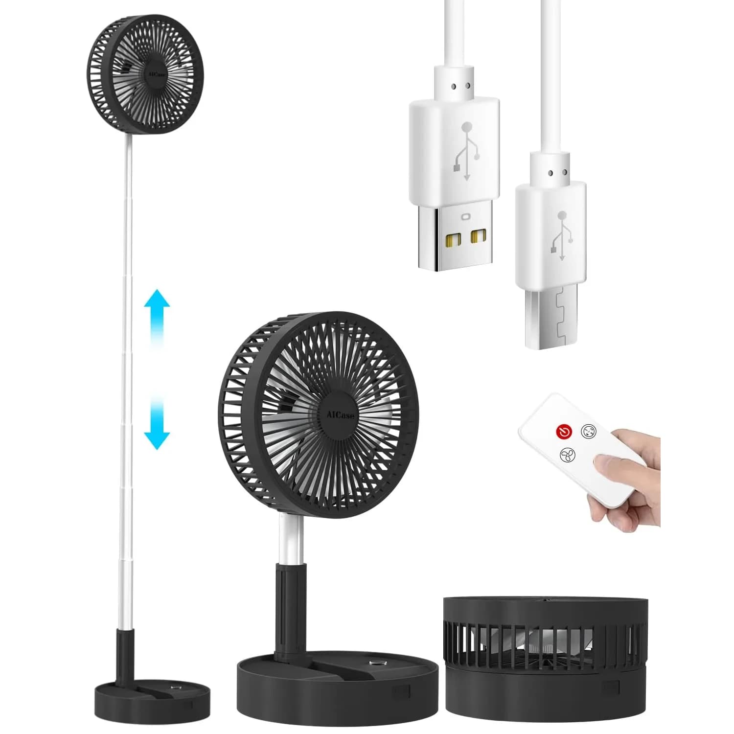 AICase Folding Portable Telescopic Fan Pink 7200mAh | 4 Speeds Super Quiet USB Desk Floor Fan — Black 7200mAh