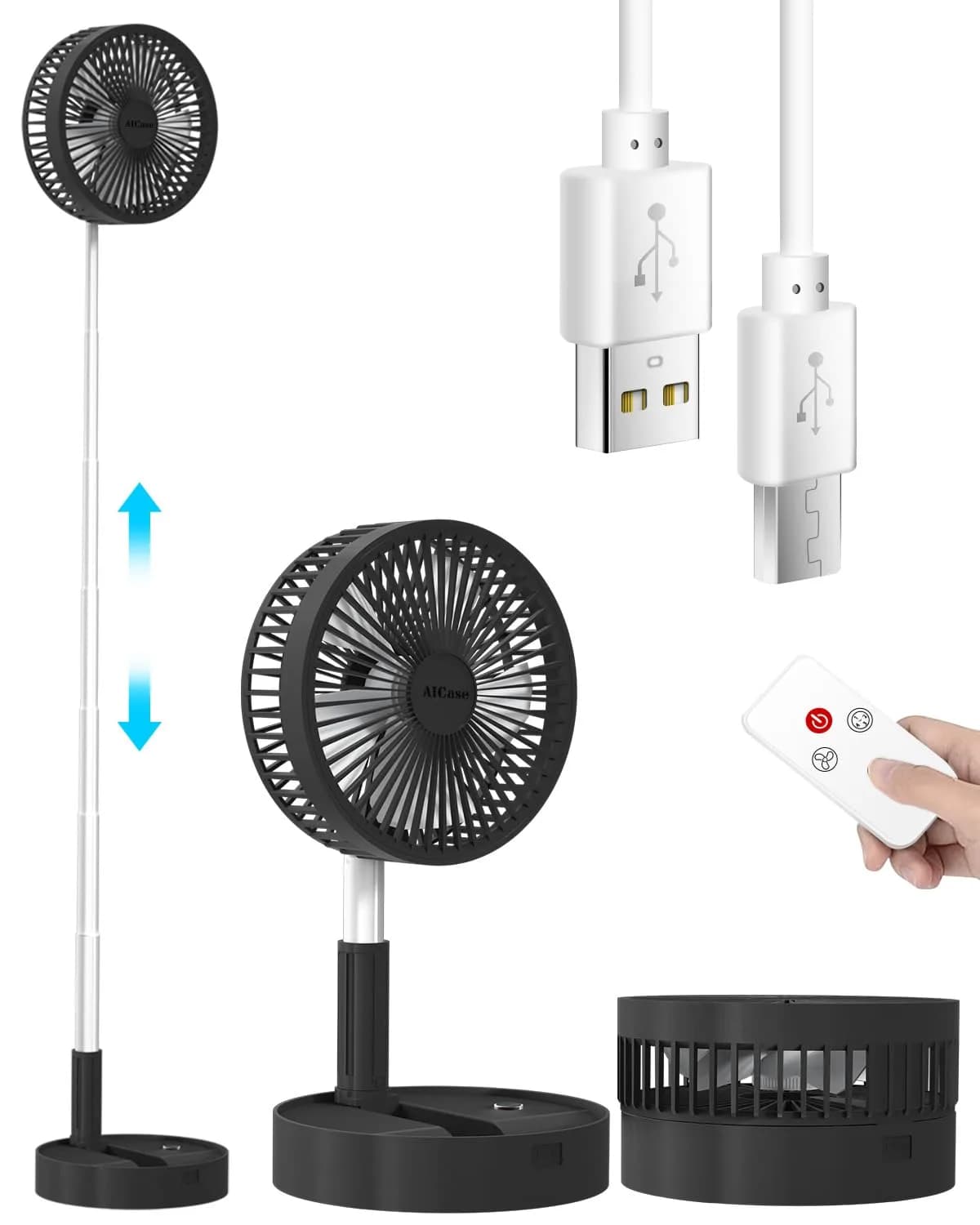 AICase Folding Portable Telescopic Fan 94cm-100cm (3.7"-39.3") | USB Desk Fan with 7200mAh Battery & Remote - main product image