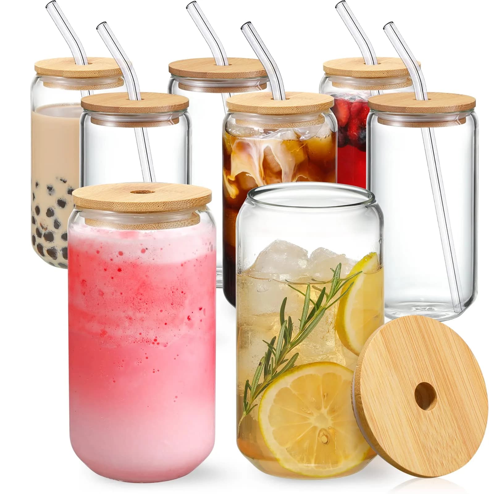 NETANY 16oz Glass Tumblers with Bamboo Lids & Straws (473ml) | Set of 8 Clear Borosilicate Glass Cups for Iced Coffee, Cocktails, Beer - main product image