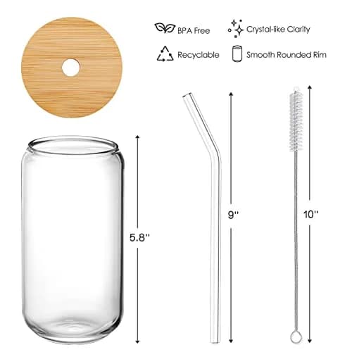 NETANY 16oz Glass Tumblers with Bamboo Lids & Straws (473ml) | Set of 8 Clear Borosilicate Glass Cups for Iced Coffee, Cocktails, Beer thumbnail 7