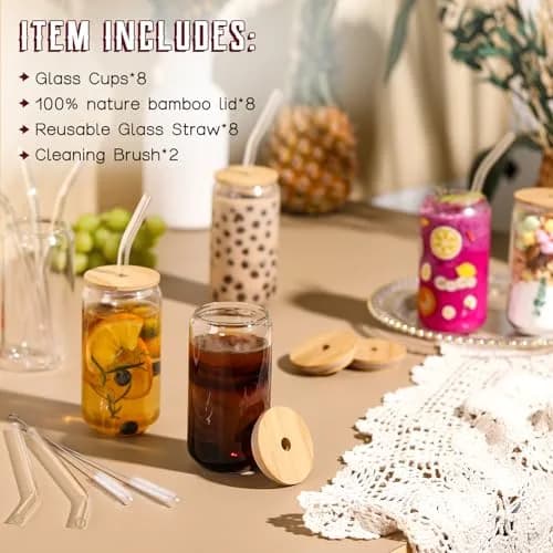 NETANY 16oz Glass Tumblers with Bamboo Lids & Straws (473ml) | Set of 8 Clear Borosilicate Glass Cups for Iced Coffee, Cocktails, Beer thumbnail 2