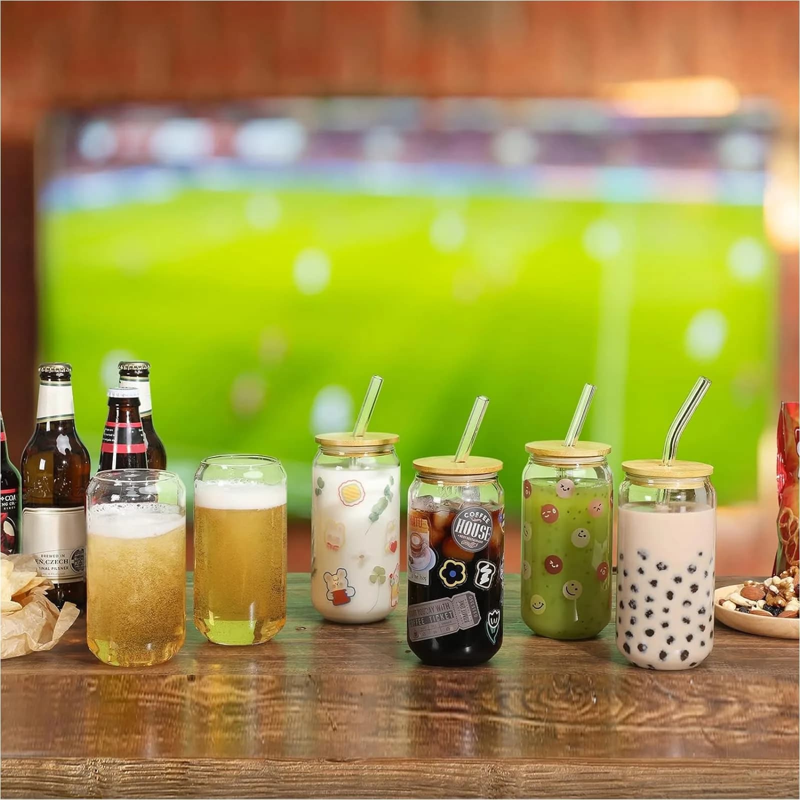 NETANY 16oz Glass Tumblers with Bamboo Lids & Straws (473ml) | Set of 8 Clear Borosilicate Glass Cups for Iced Coffee, Cocktails, Beer - view 3