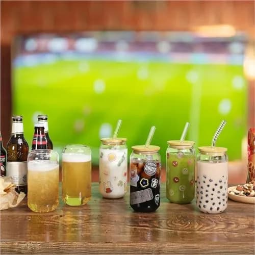 NETANY 16oz Glass Tumblers with Bamboo Lids & Straws (473ml) | Set of 8 Clear Borosilicate Glass Cups for Iced Coffee, Cocktails, Beer thumbnail 3
