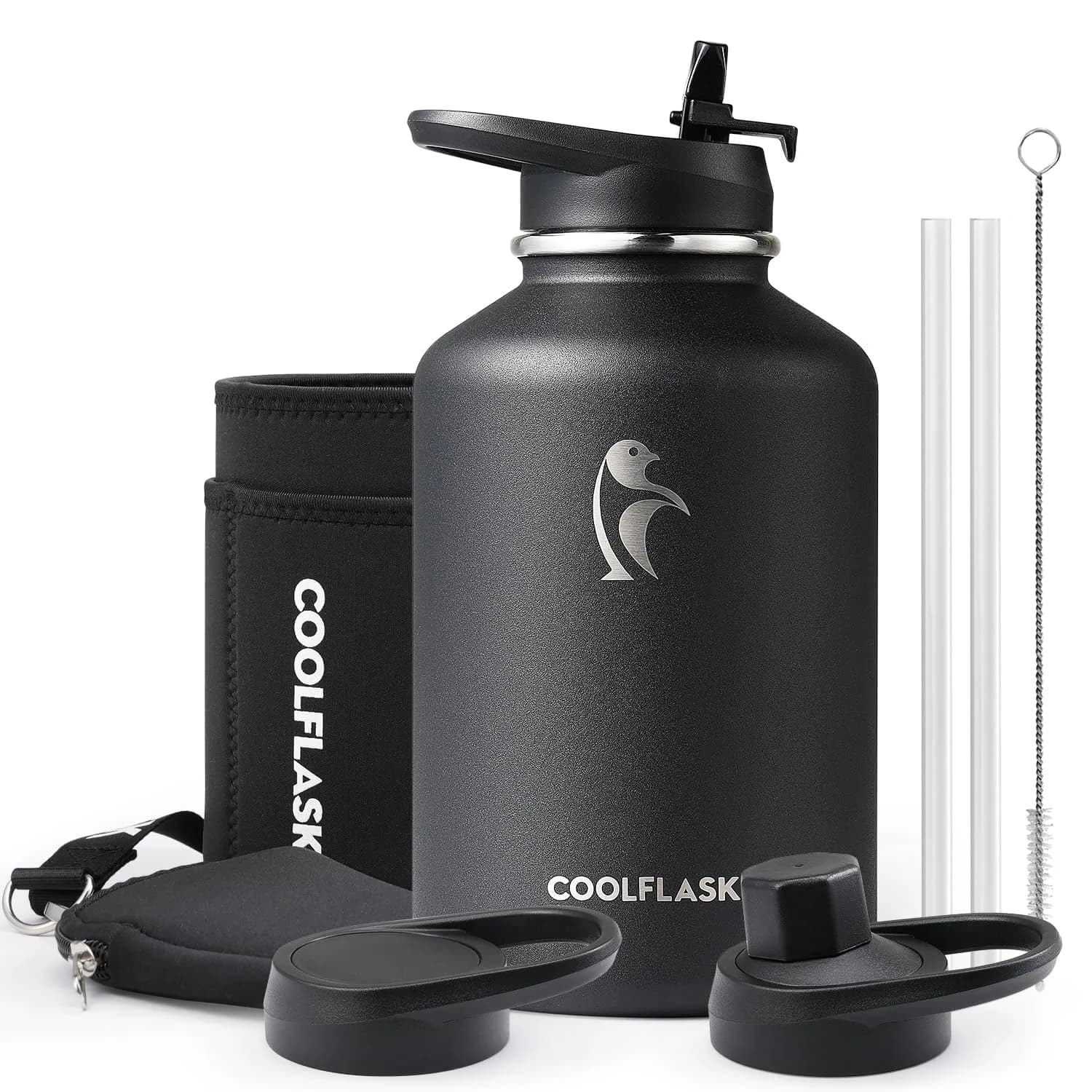 Coolflask 64 oz Water Bottle Insulated with PU Leather Sleeve & 3 Lids | Cold 48H/Hot 24H, Leakproof, Dishwasher Safe — Black