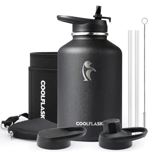 Coolflask 64 oz Water Bottle Insulated with PU Leather Sleeve & 3 Lids | Cold 48H/Hot 24H, Leakproof, Dishwasher Safe thumbnail 1