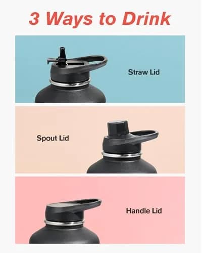 Coolflask 64 oz Water Bottle Insulated with PU Leather Sleeve & 3 Lids | Cold 48H/Hot 24H, Leakproof, Dishwasher Safe thumbnail 4