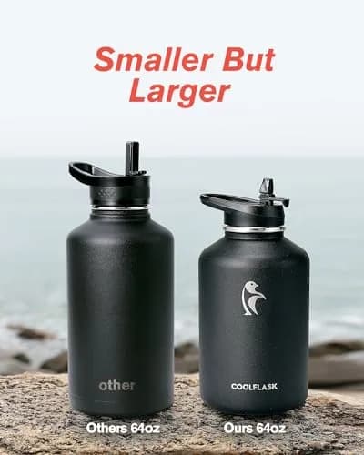 Coolflask 64 oz Water Bottle Insulated with PU Leather Sleeve & 3 Lids | Cold 48H/Hot 24H, Leakproof, Dishwasher Safe thumbnail 5