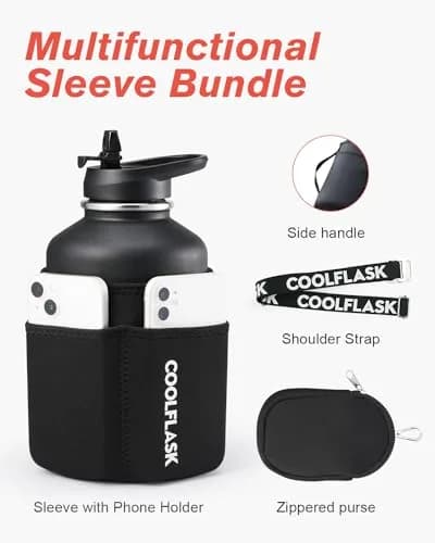 Coolflask 64 oz Water Bottle Insulated with PU Leather Sleeve & 3 Lids | Cold 48H/Hot 24H, Leakproof, Dishwasher Safe thumbnail 2