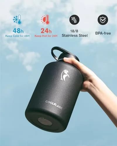 Coolflask 64 oz Water Bottle Insulated with PU Leather Sleeve & 3 Lids | Cold 48H/Hot 24H, Leakproof, Dishwasher Safe thumbnail 3