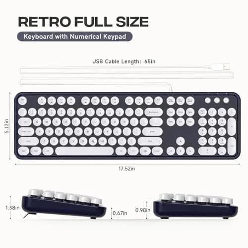 Atelus Typewriter Style Wired Keyboard with Number Pad, Full Size 104 Keys, Dark Blue | Ergonomic USB Keyboard for PC Laptop Desktop Windows thumbnail 7