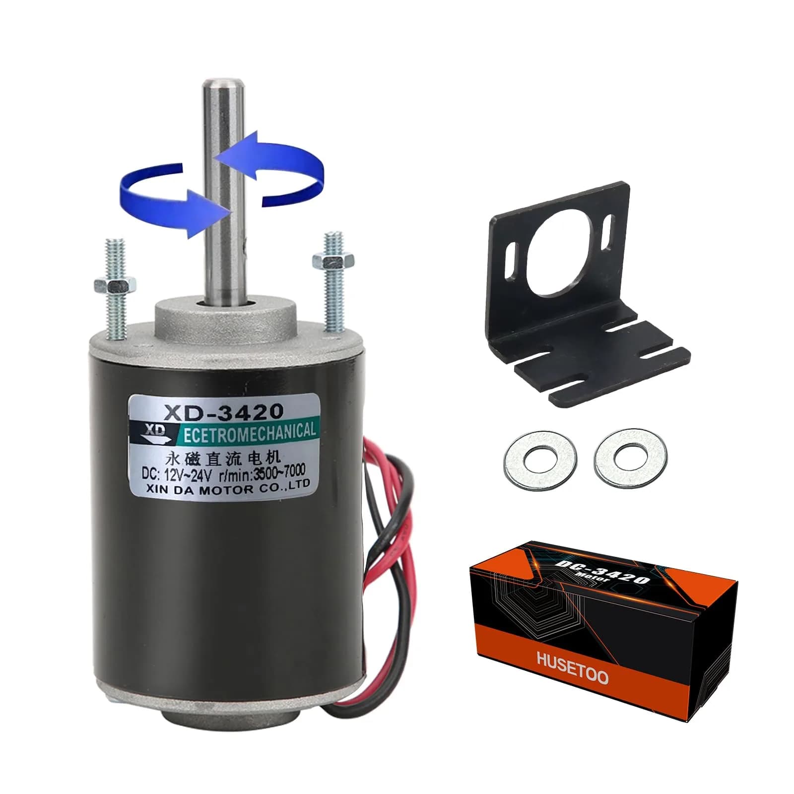 XD-3420 High Torque DC Motor 12 V/24 V | 30W CW/CCW, Mini Generator, DIY — Conventional Rotary Shaft