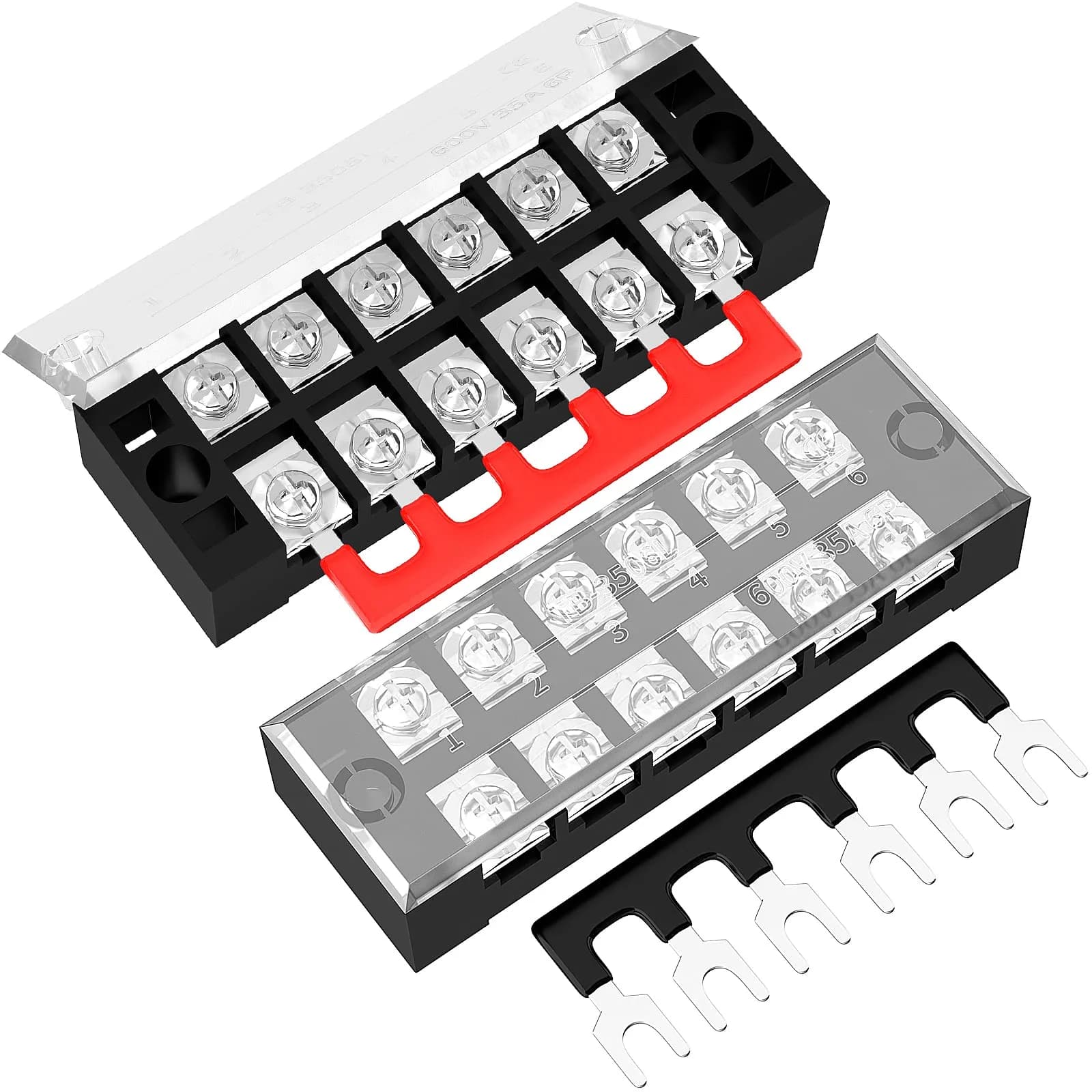 Joinfworld Terminal Block 6P 35A | Dual Row Screw Terminal Strip with Cover & Jumper (2 Pack)