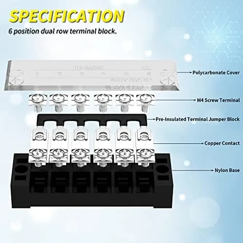Joinfworld Terminal Block 6P 35A | Dual Row Screw Terminal Strip with Cover & Jumper (2 Pack) thumbnail 3