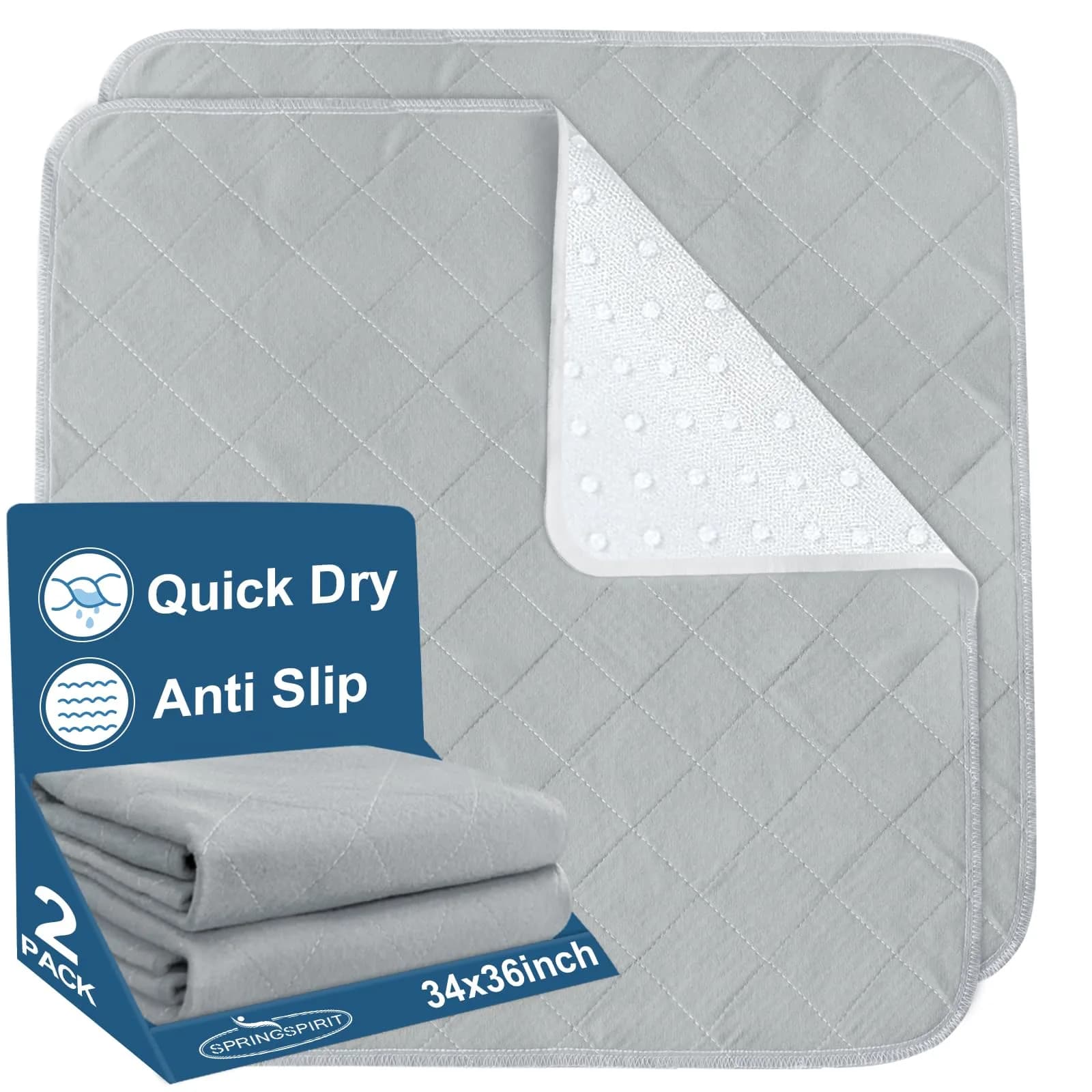 SPRINGSPIRIT Washable Waterproof Bed Pads 34'' x 36'' (2-Pack, Grey) | Absorbent & Non-Slip for Incontinence — Gray