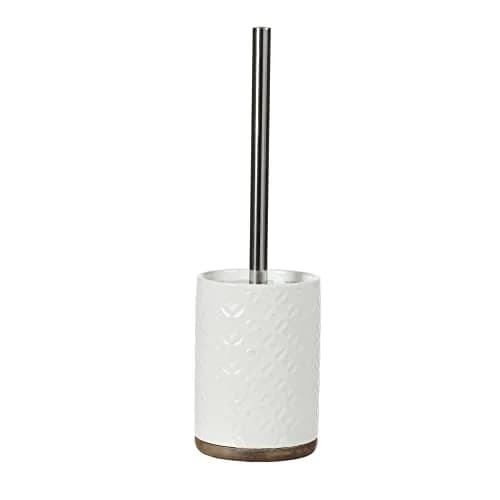 Motifeur Ceramic Toilet Brush Set - Toilet Bowl Brush & Holder with Wooden Base (White & Beige) | Stylish & Durable thumbnail 1