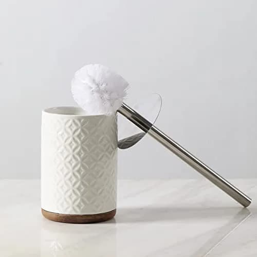 Motifeur Ceramic Toilet Brush Set - Toilet Bowl Brush & Holder with Wooden Base (White & Beige) | Stylish & Durable thumbnail 4