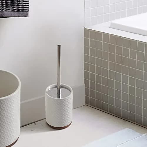 Motifeur Ceramic Toilet Brush Set - Toilet Bowl Brush & Holder with Wooden Base (White & Beige) | Stylish & Durable thumbnail 5
