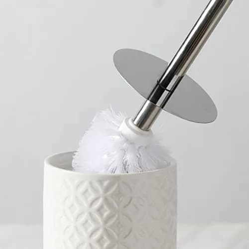 Motifeur Ceramic Toilet Brush Set - Toilet Bowl Brush & Holder with Wooden Base (White & Beige) | Stylish & Durable thumbnail 2