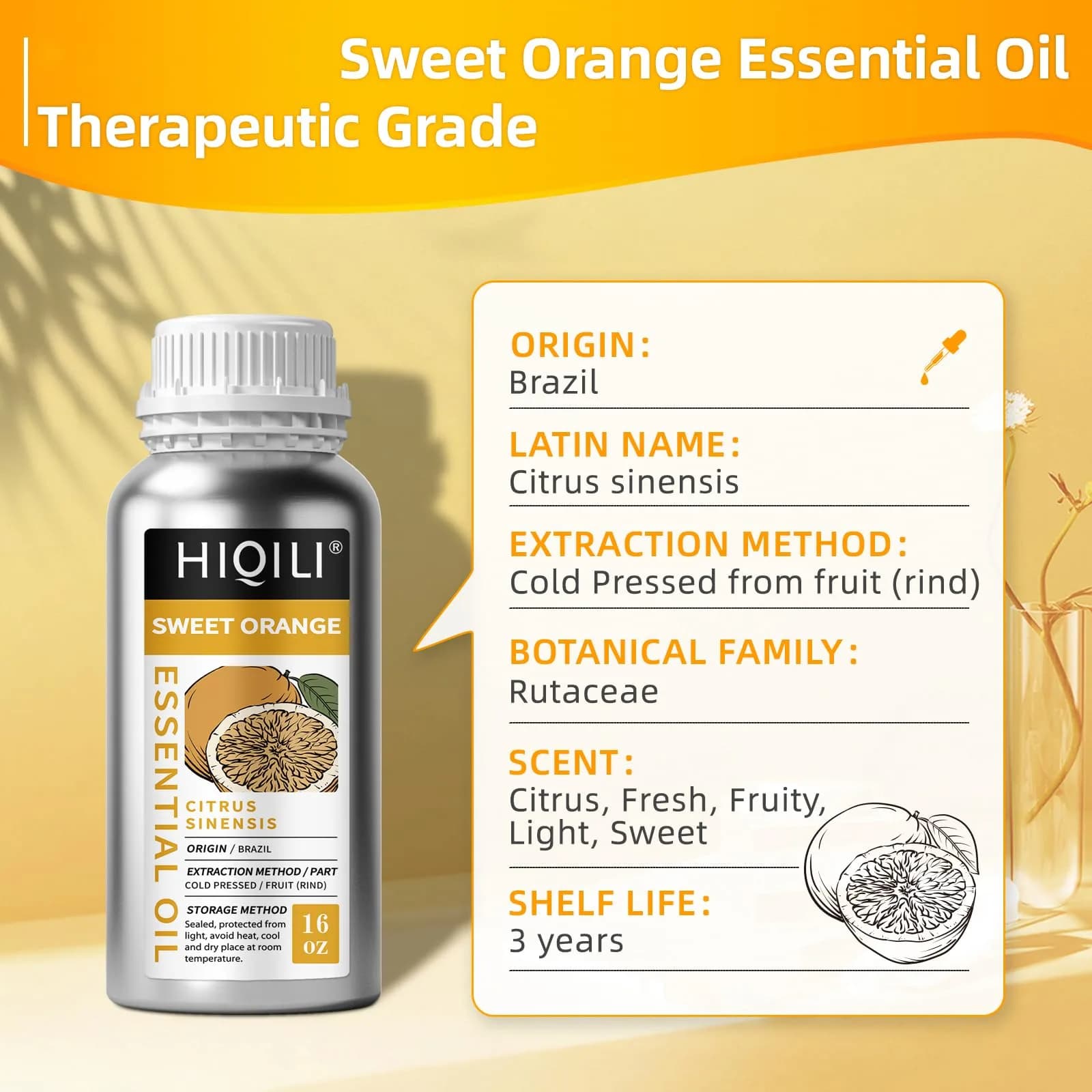 HIQILI Sweet Orange Essential Oil, Large 16 Fl Oz (500ml) | USA Imported Aromatherapy Grade - view 3