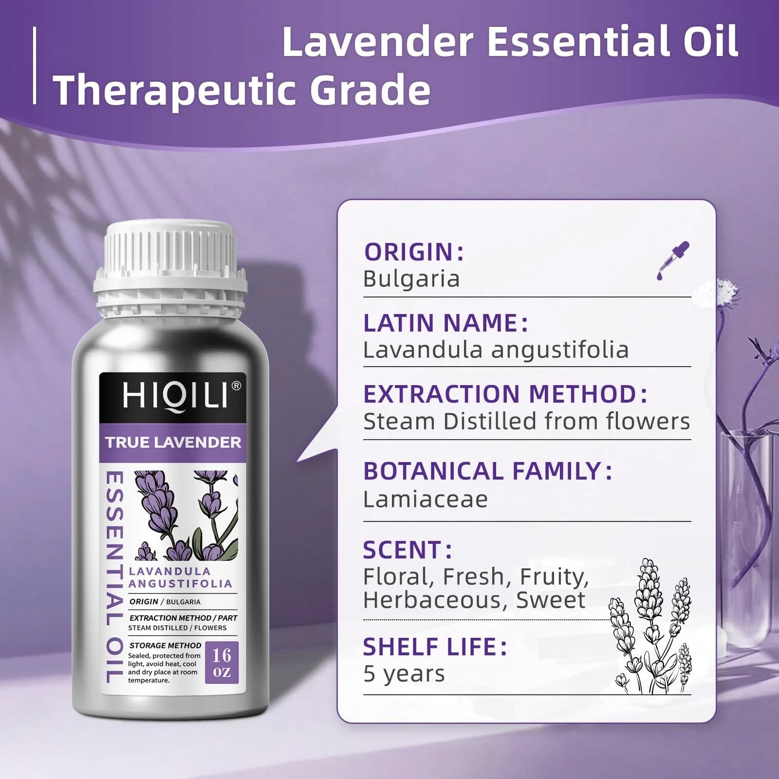 HIQILI Natural Lavender Essential Oil 475ml (16 fl oz) | Large Capacity for Aromatherapy & DIY - view 3