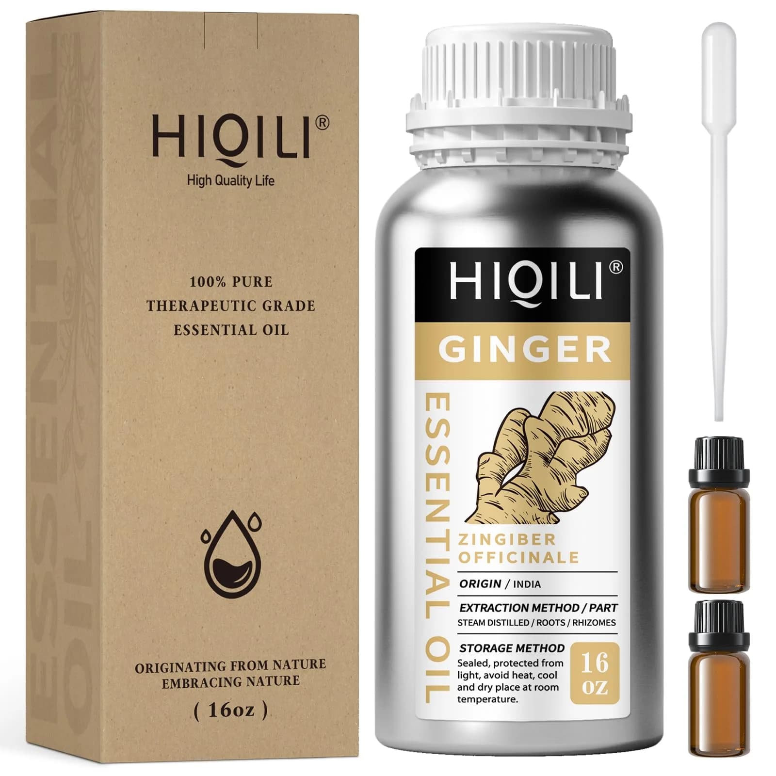 HIQILI Ginger Essential Oil 475ml (16 Fl Oz) | Pure Natural Oil for Hair, Massage & Skin - main product image